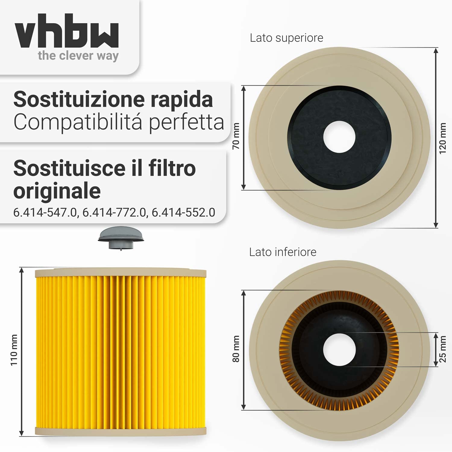 vhbw Filtro pieghe piatte Kärcher WD 3.200 aspirapolvere giallo F9