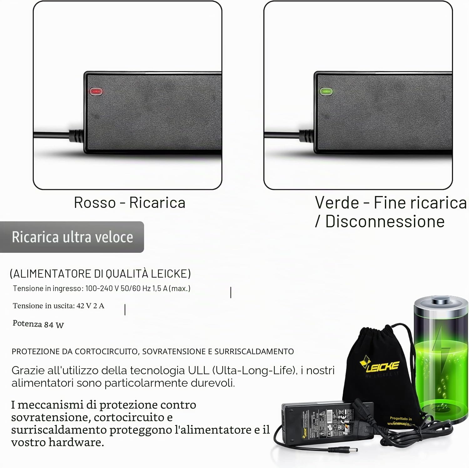 Leicke 42V 2A caricabatterie bici elettrica 84W TÜV