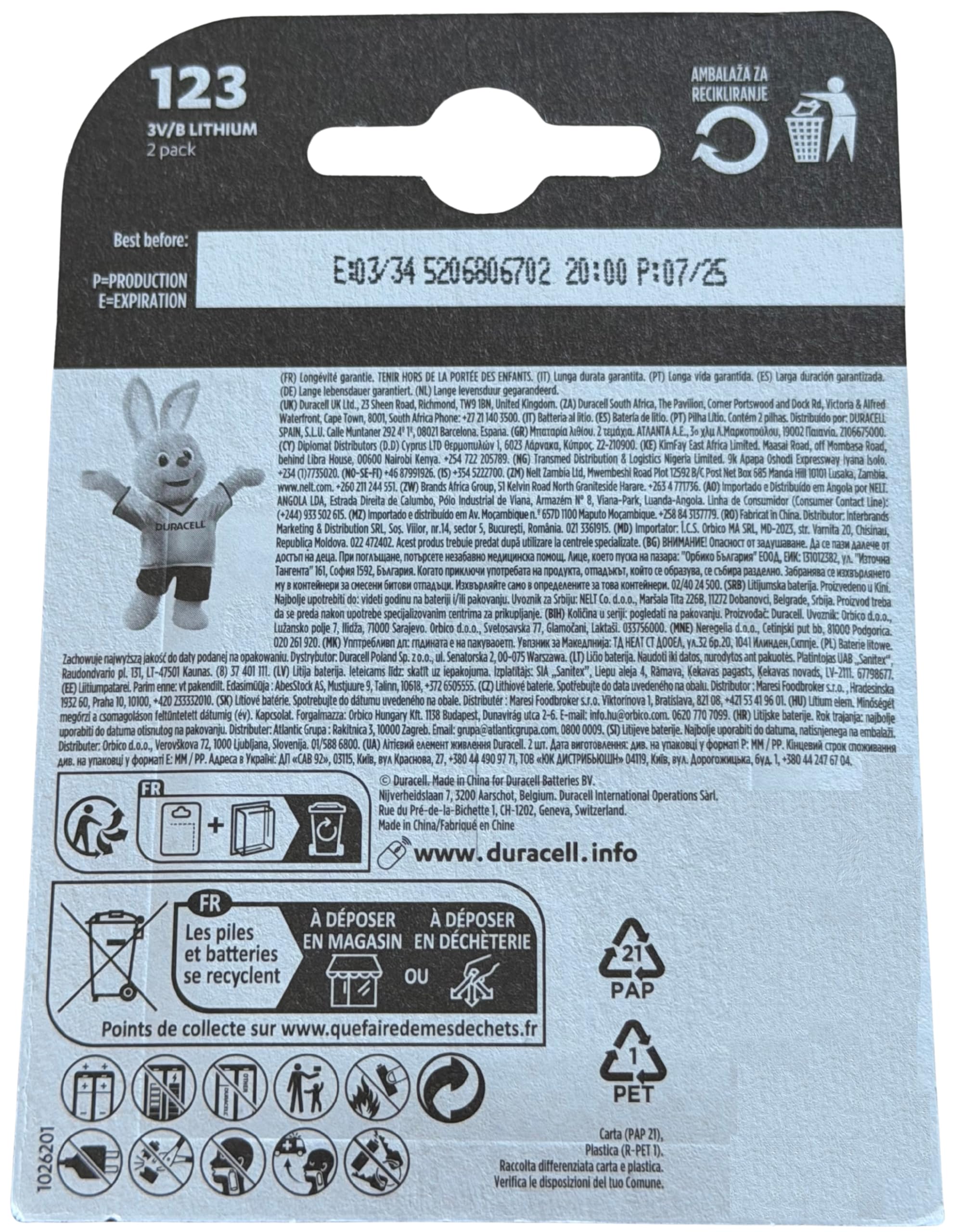 Duracell 123 Batteria CR123A Litio Confezione da 2 3V
