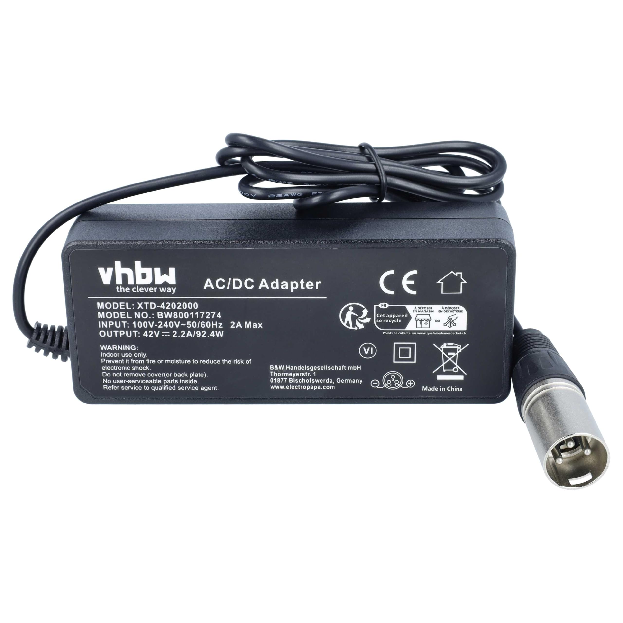 vhbw Caricabatterie per Ebike 36V Li-Ion 100W 42V
