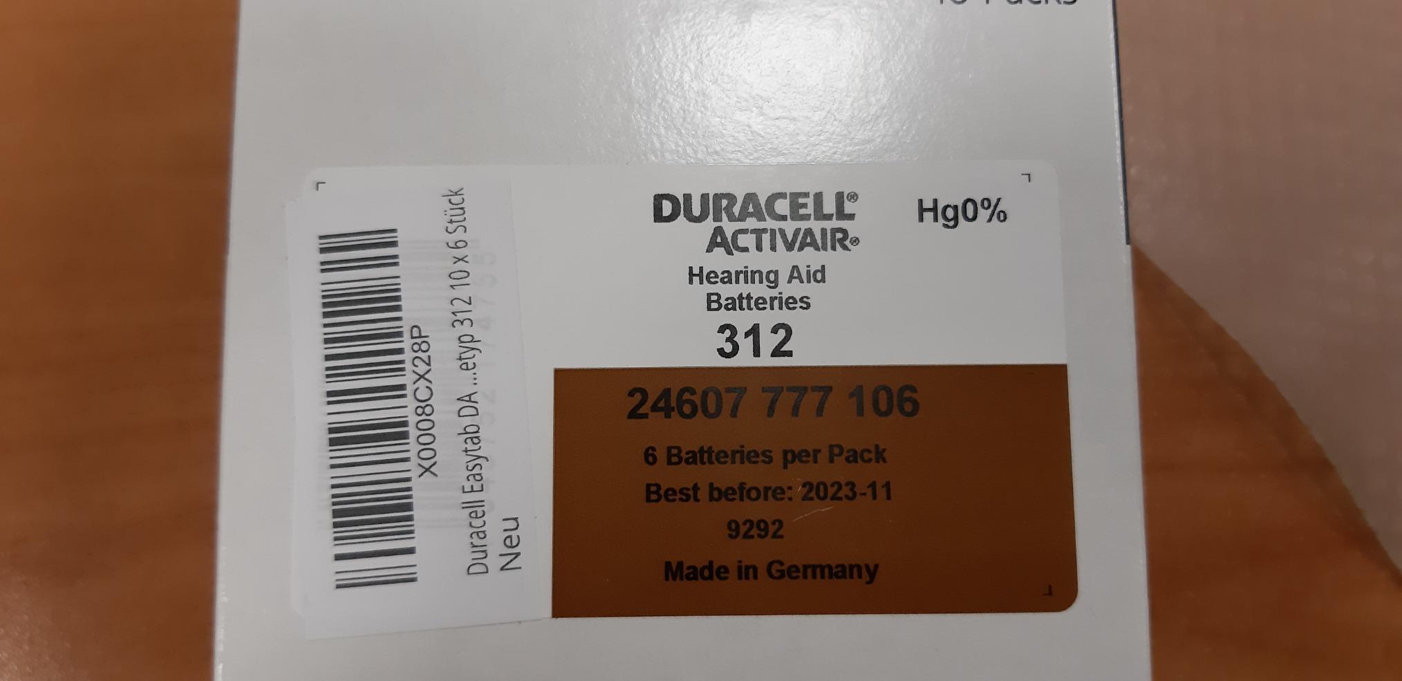 Duracell Easytab 312 Batterie Apparecchi Acustici 60 Pezzi Zinco-Aria