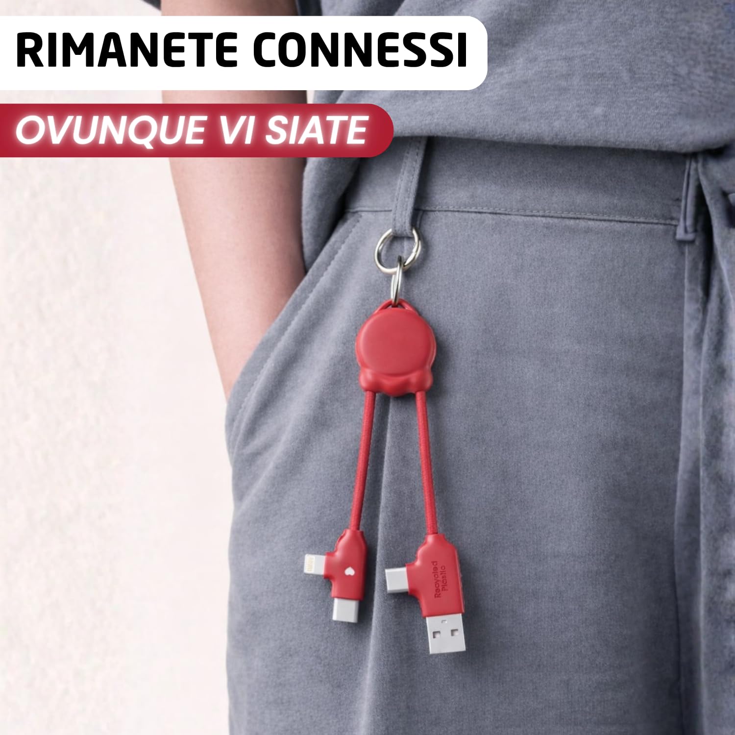 Xoopar OctoMini Cavo Multi USB 4 in 1 Rosso Portachiavi