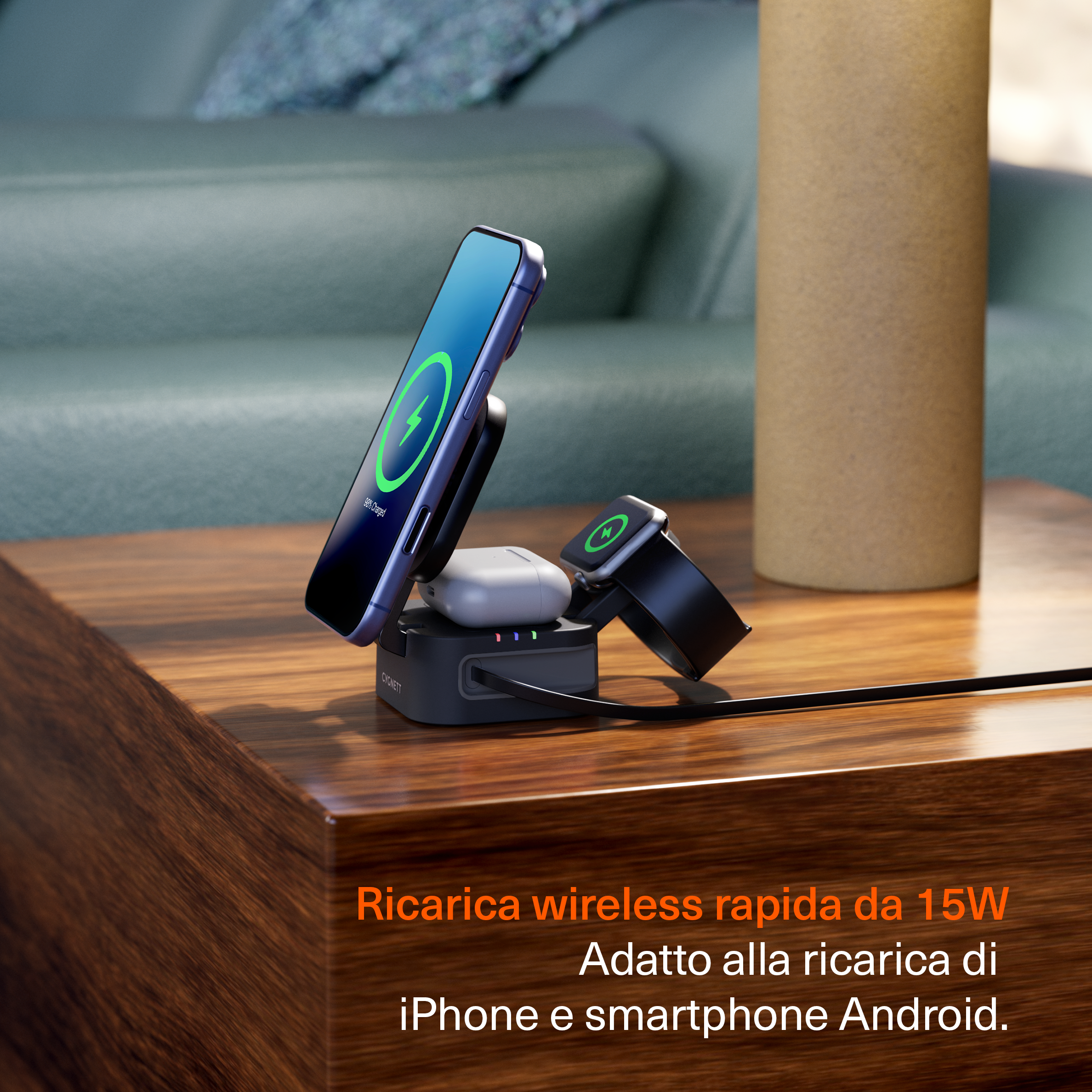 Cygnett MagStand Caricatore Wireless 3-in-1 Nero 15W