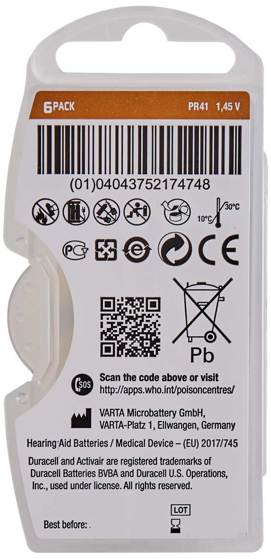 Duracell Easytab 312 Batterie Apparecchi Acustici 60 Pezzi Zinco-Aria
