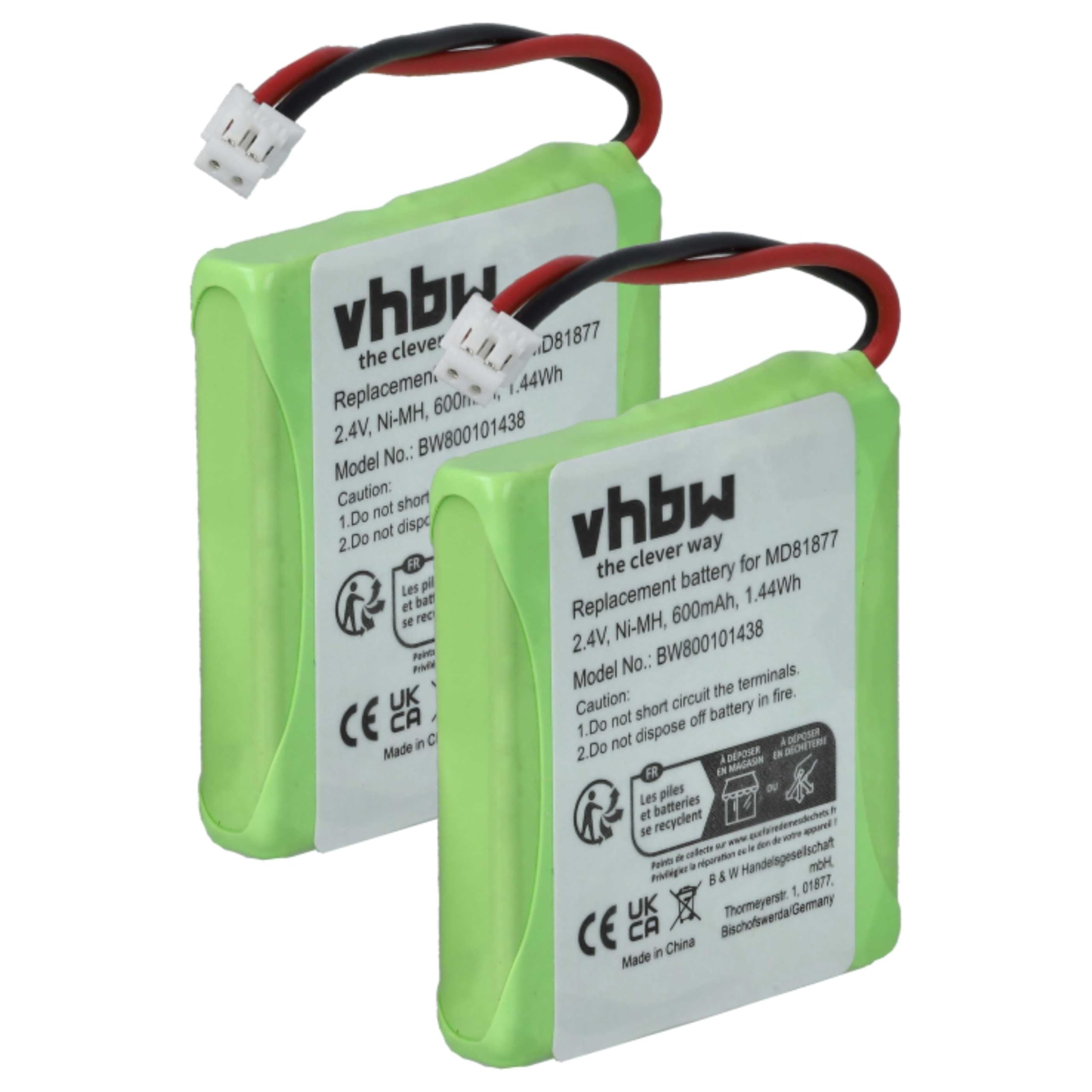 vhbw 600mAh 2,4V batterie cordless 2 pezzi per Medion
