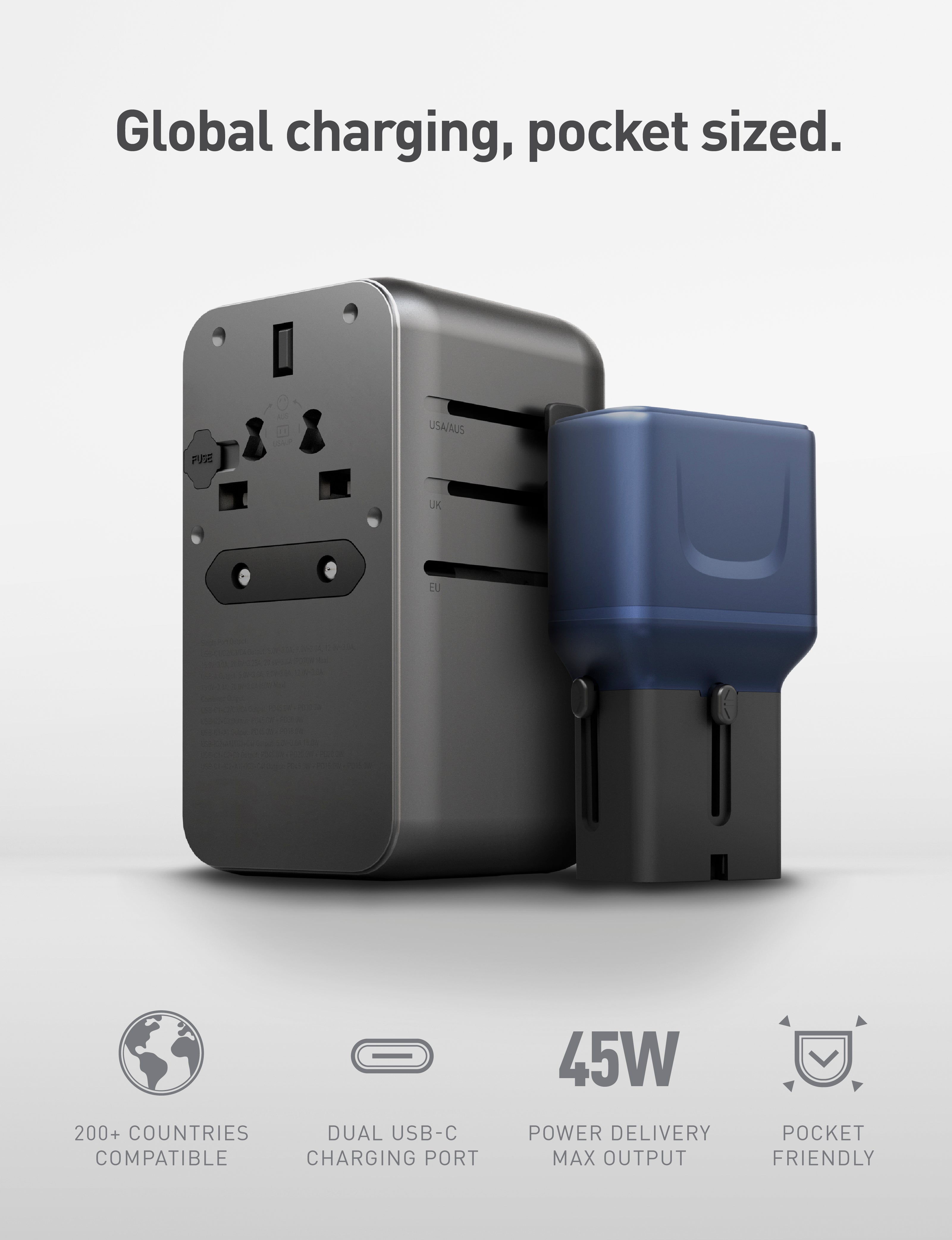 Energea TravelGo Adapter 45 caricatore viaggio 45W 2 USB-C Gunmetal