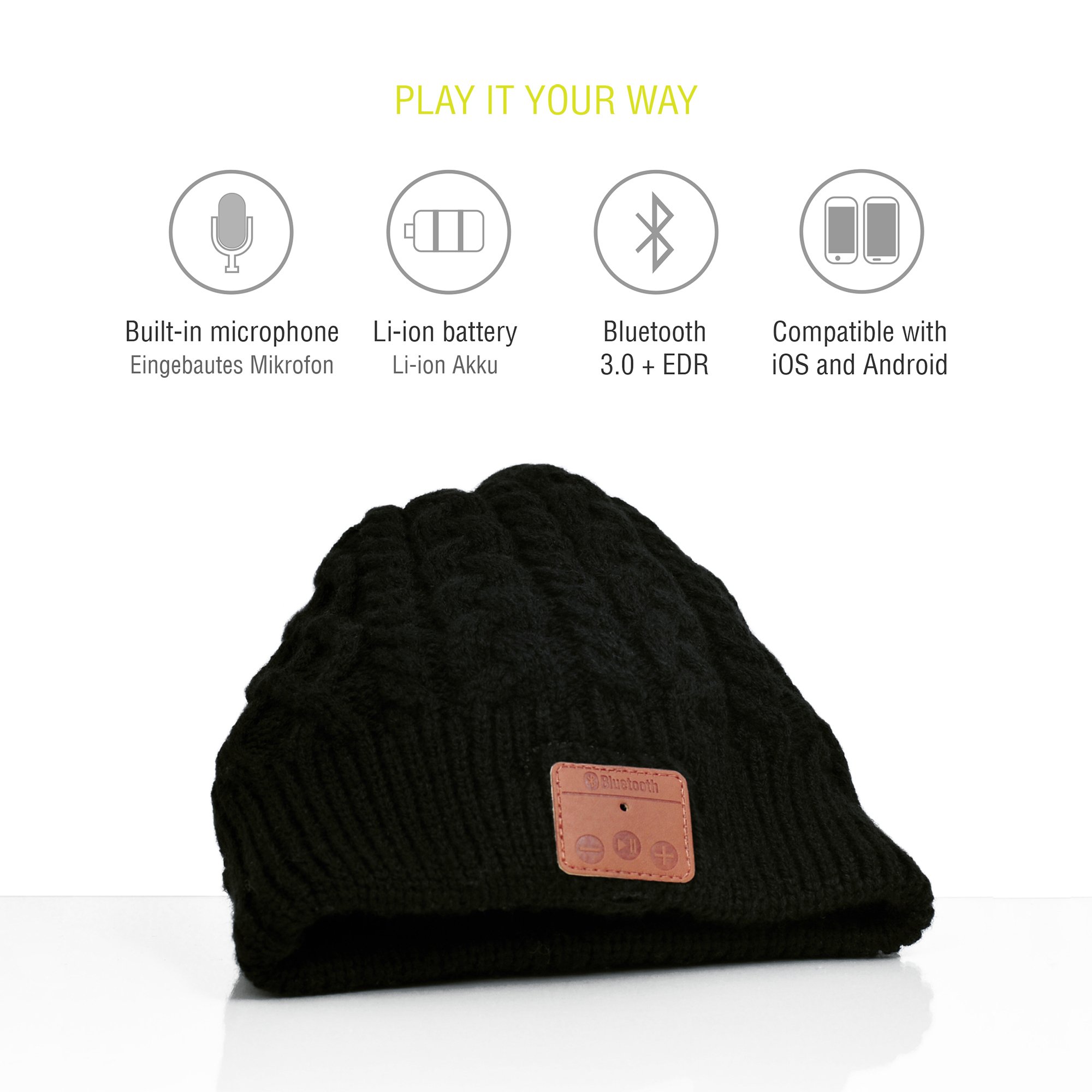 Leicke Beanie berretto cuffie bluetooth nero con microfono