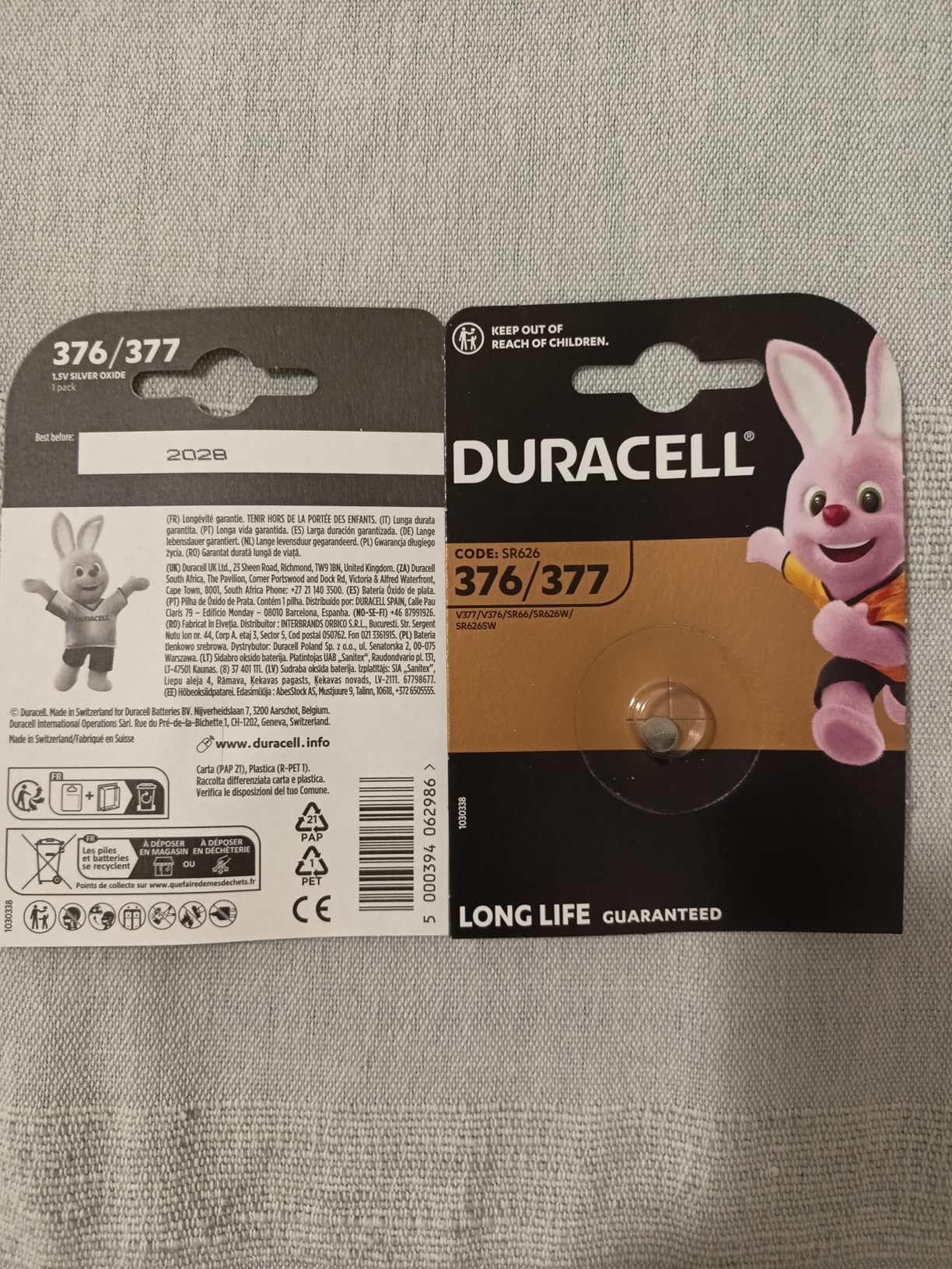 Duracell 377 SR626SW Pila orologio argento 2 pezzi