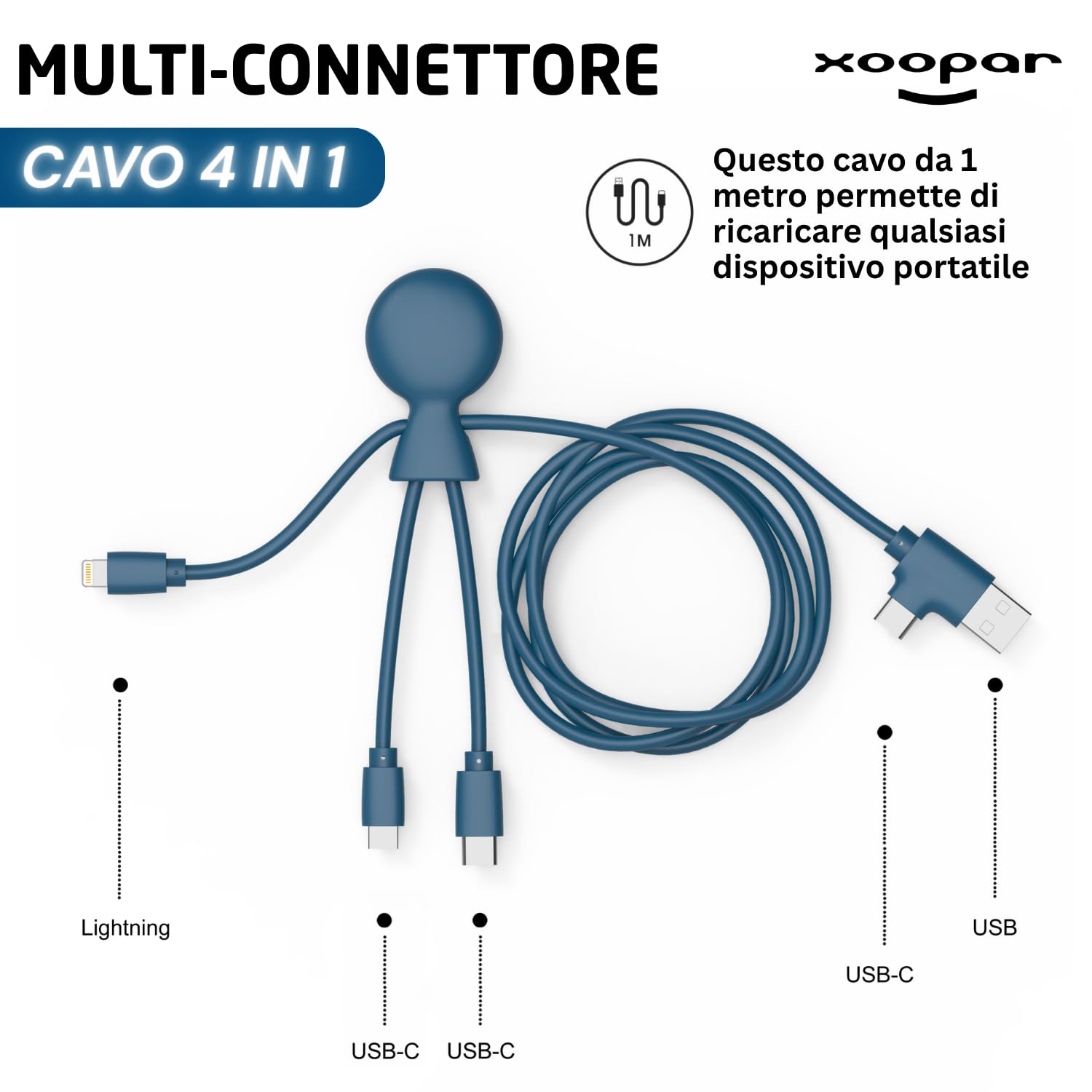 Xoopar Mr Bio Long Cavo USB 4 in 1 Blu 1 m Plastica Riciclata