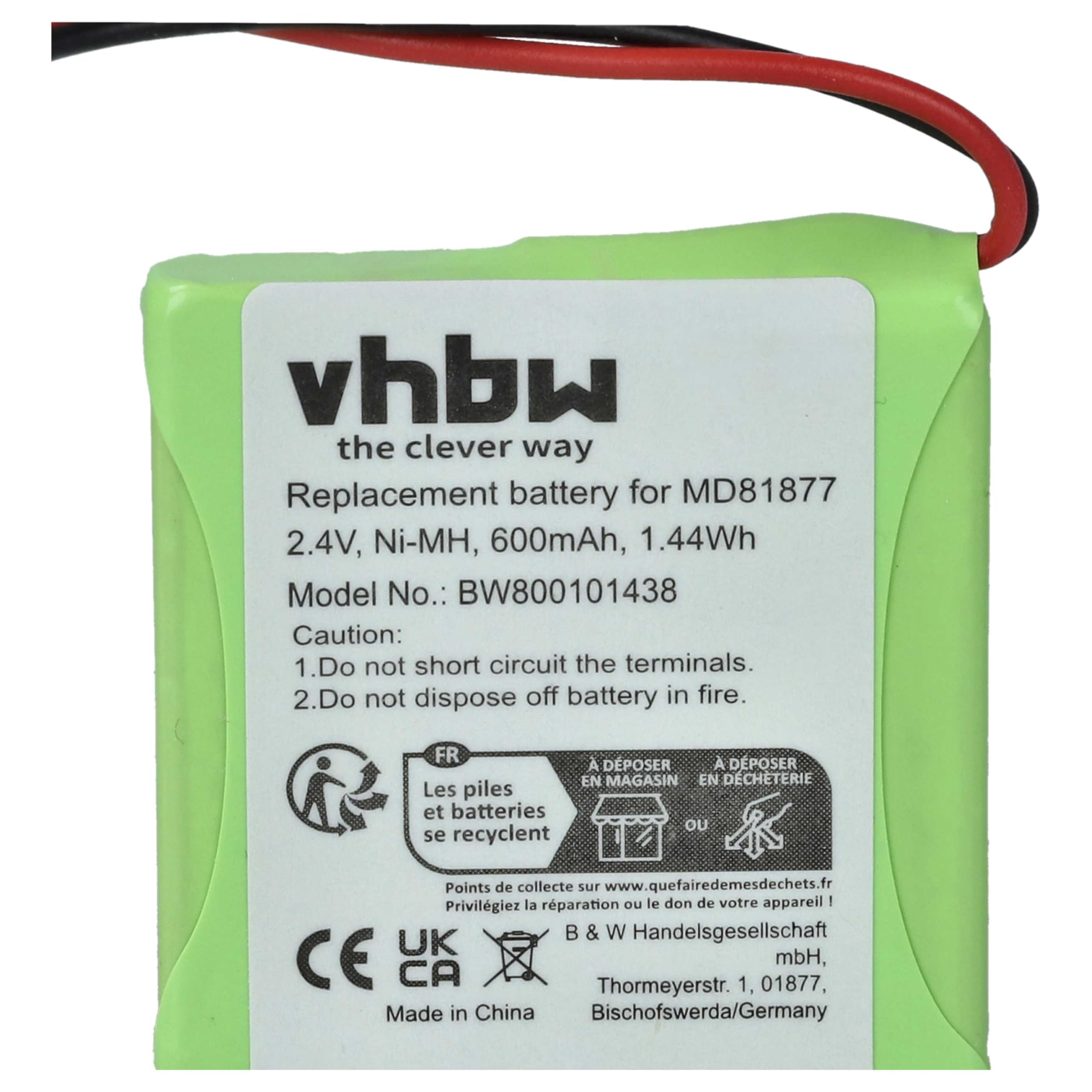 vhbw 600mAh 2,4V batterie cordless 2 pezzi per Medion
