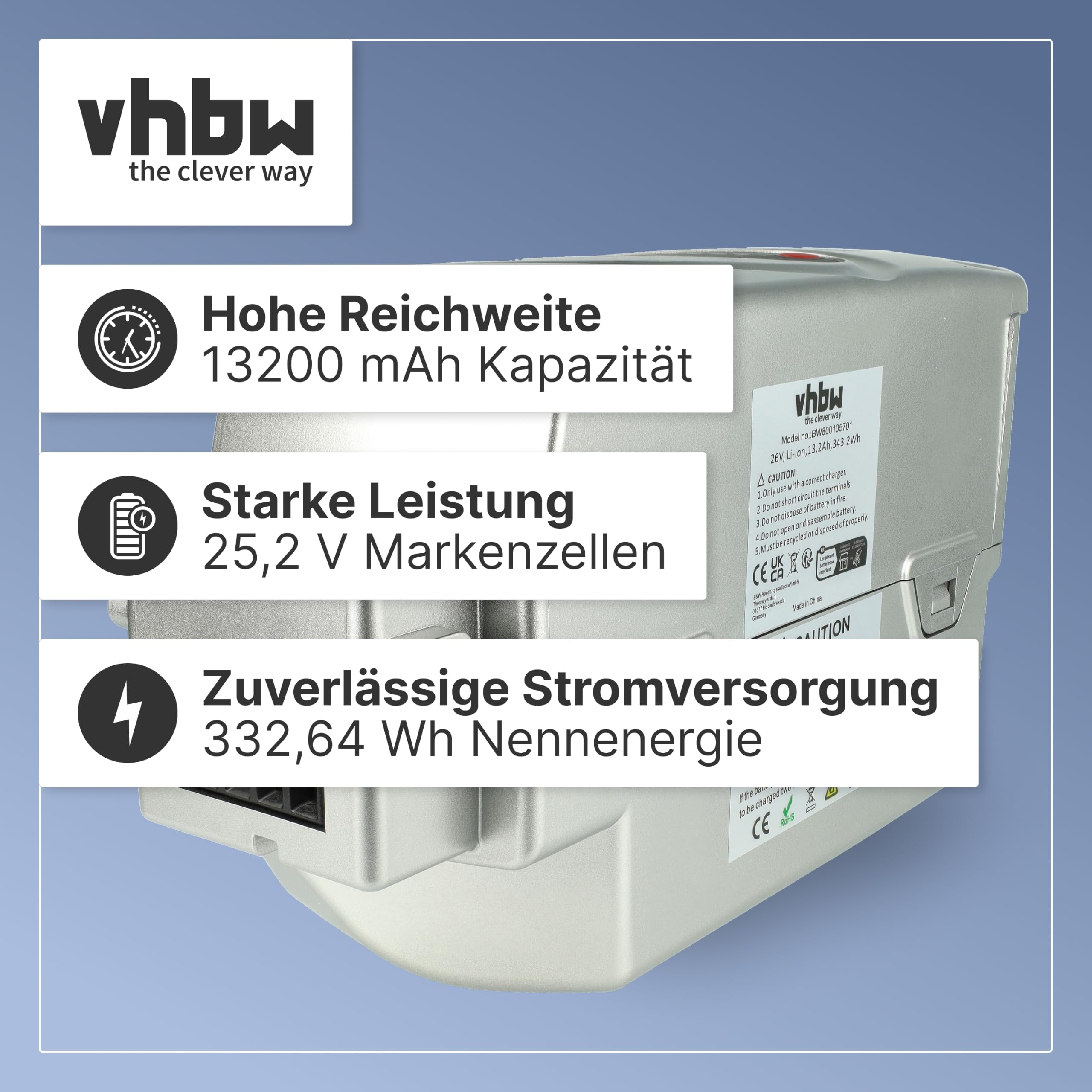 vhbw Batteria bici elettrica per Kettler 13,2Ah 25,2V grigia