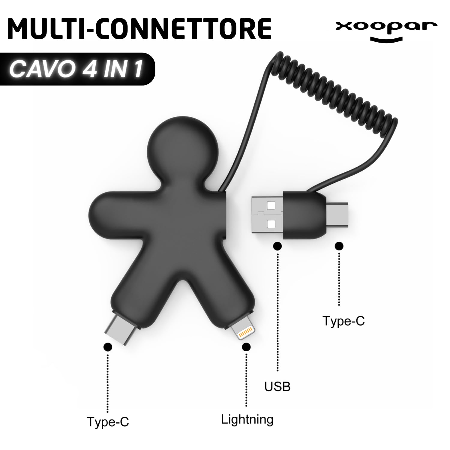 Xoopar Buddy Plastica Riciclata cavo USB 4 in 1 Nero