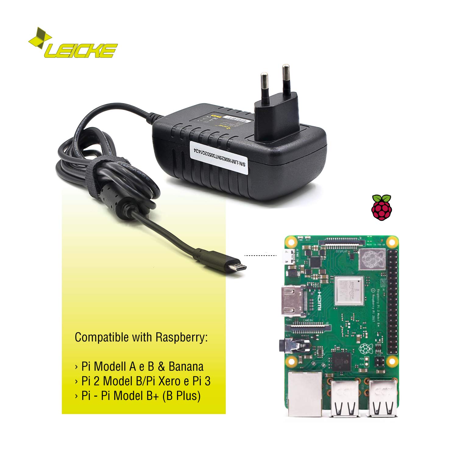 Leicke Alimentatore Universale Micro USB 5V 2,5A per Raspberry Pi