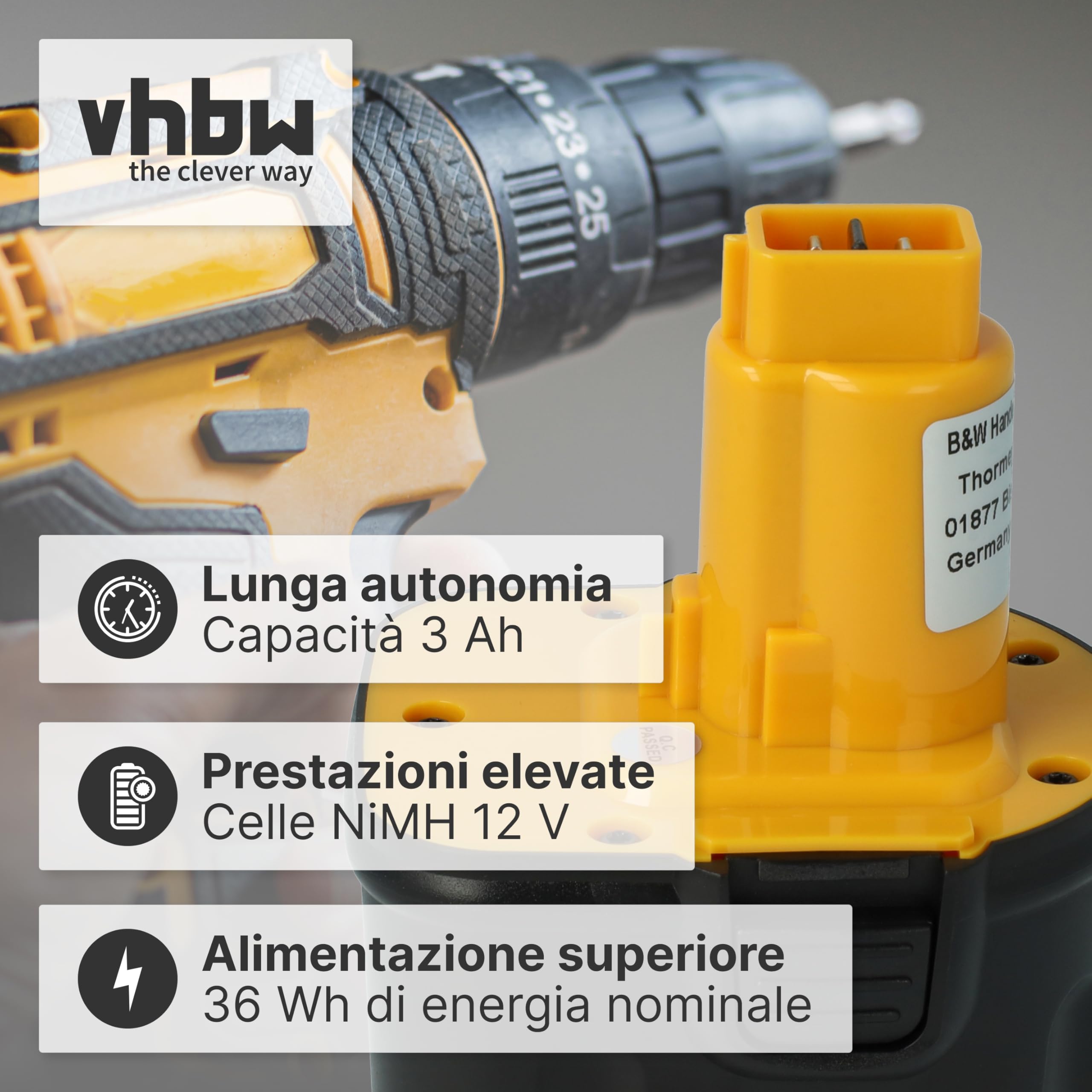 vhbw Batteria A9252 12V per Utensili NiMH 3000mAh 36Wh