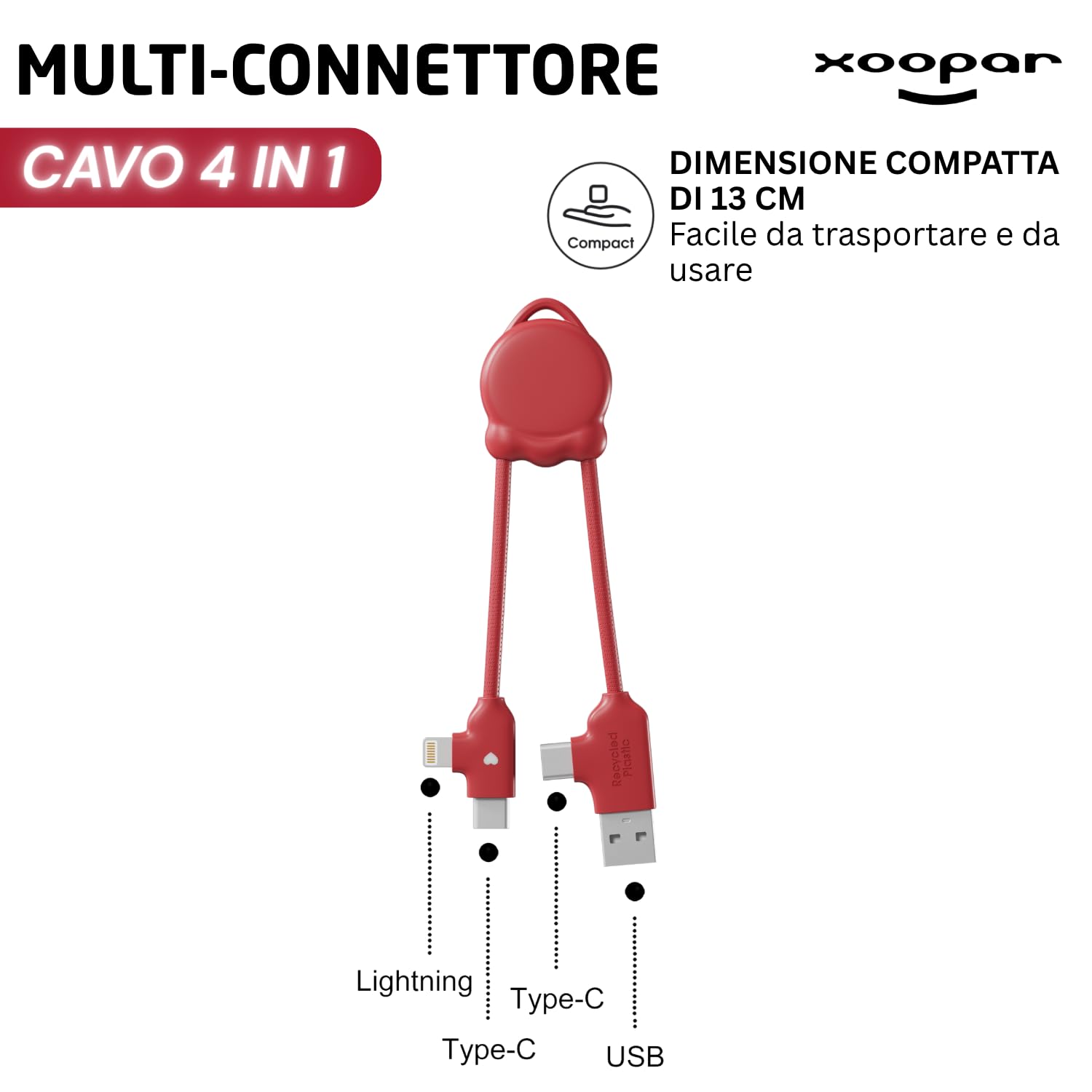 Xoopar OctoMini Cavo Multi USB 4 in 1 Rosso Portachiavi