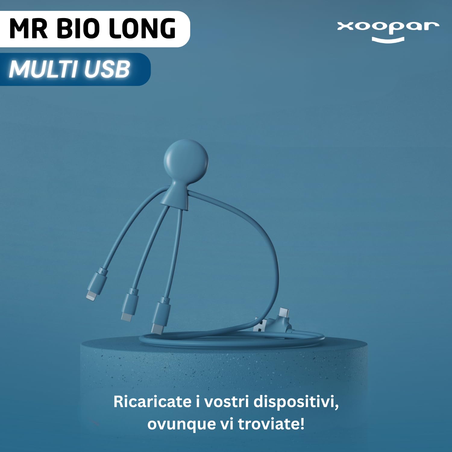 Xoopar Mr Bio Long Cavo USB 4 in 1 Blu 1 m Plastica Riciclata