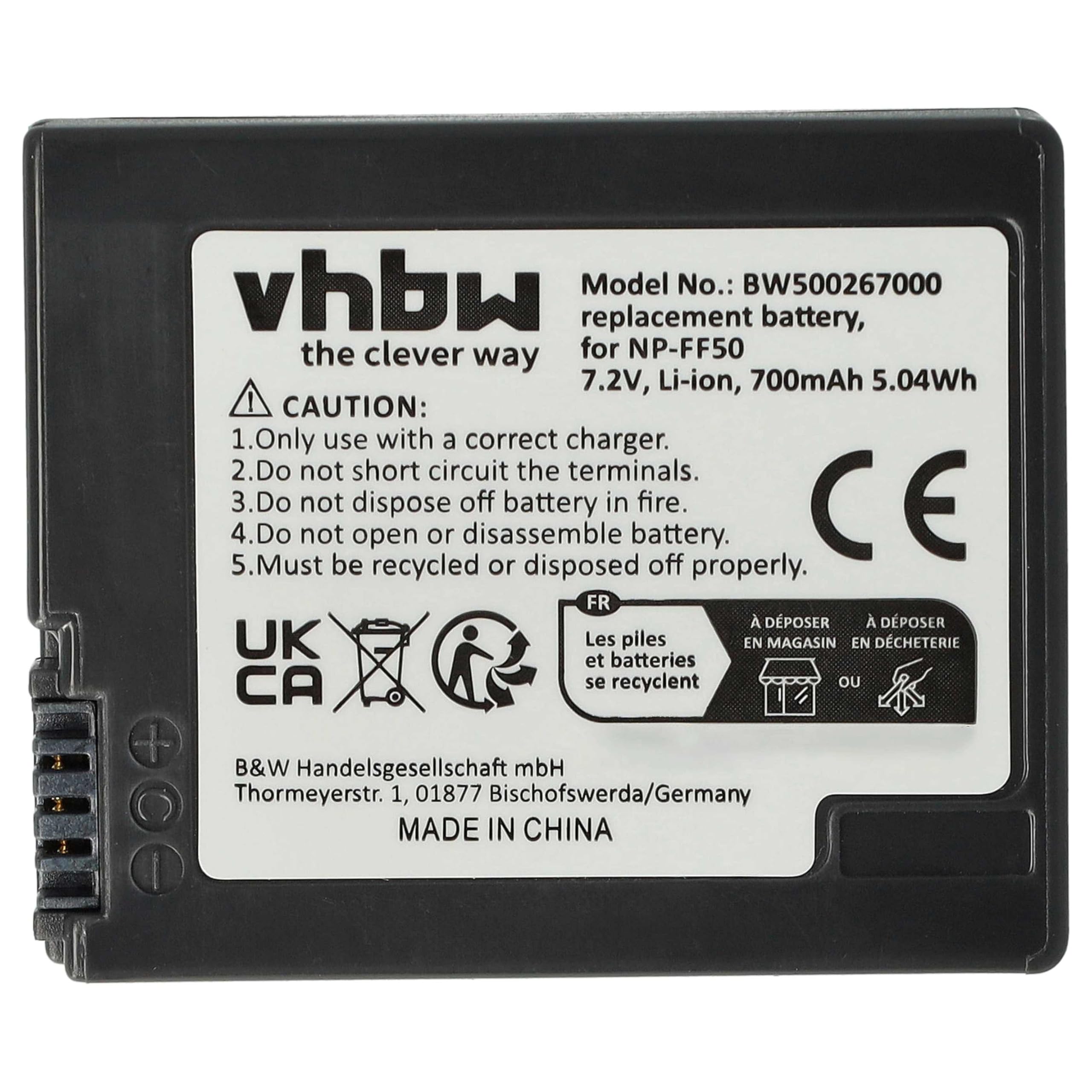 vhbw Batteria NP-FF50 Videocamera Sony 700mAh 7,2V Li-Ion