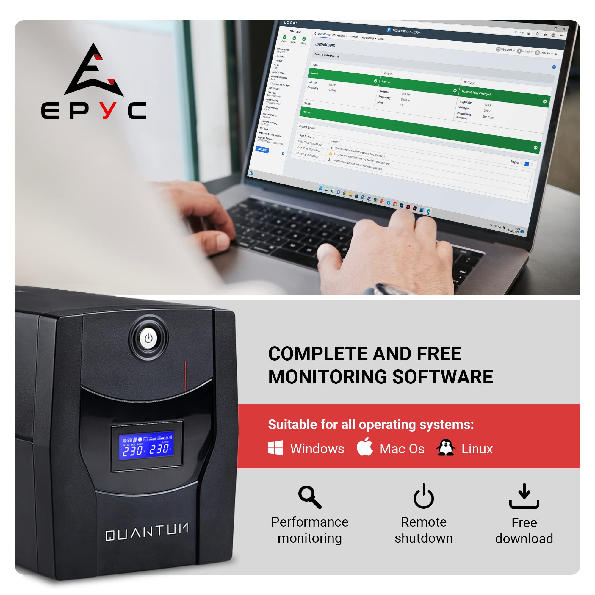 EPYC Quantum 1500VA 900W Gruppo di Continuità UPS 5 Prese LCD