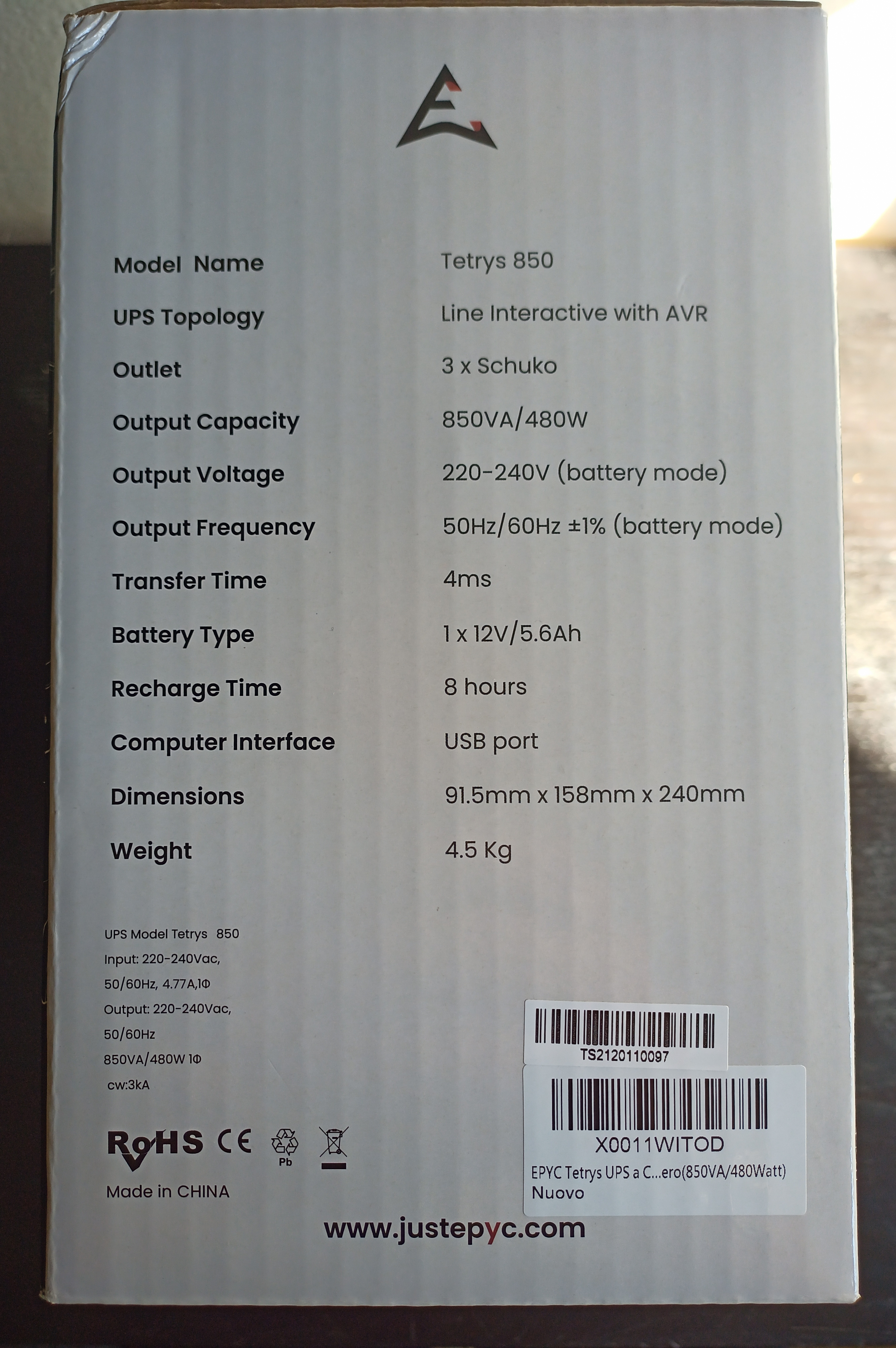 EPYC Tetrys ups ciabatta 850VA 480W USB AVR