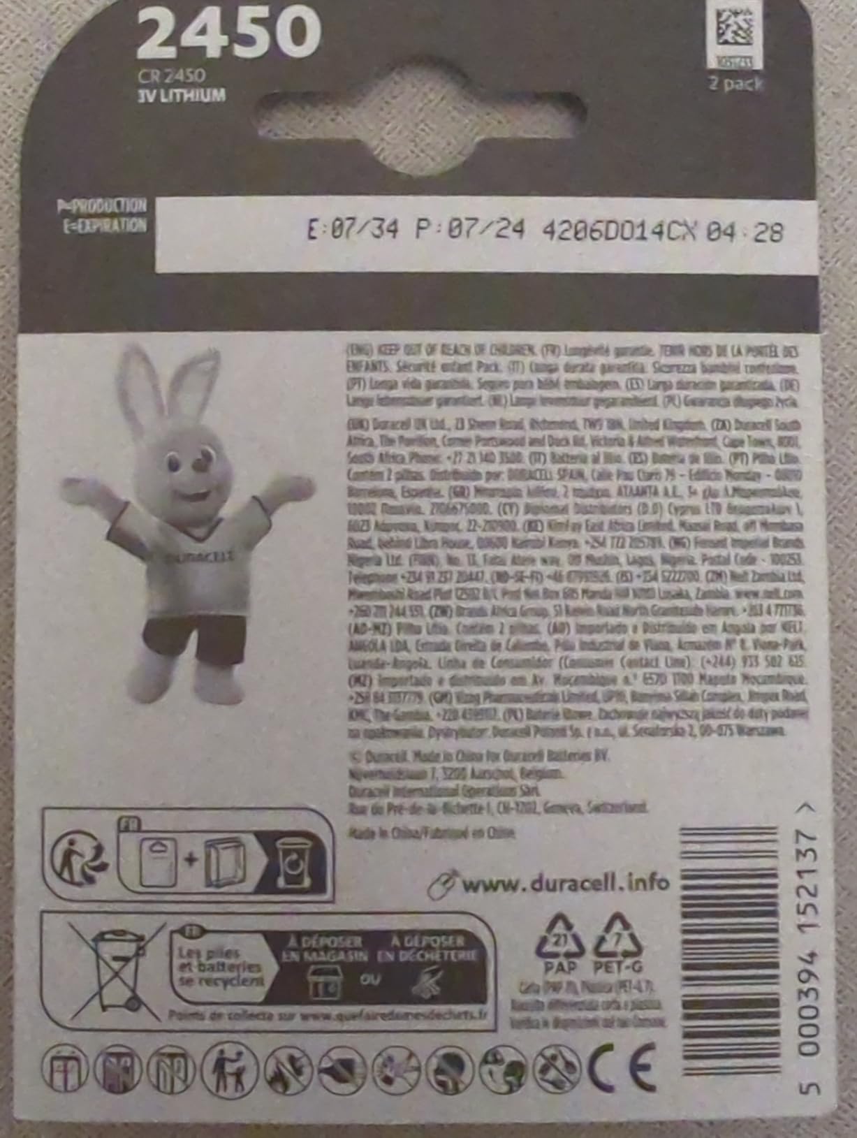 Duracell CR2450 Pile a Bottone 3V Confezione da 4 Litio
