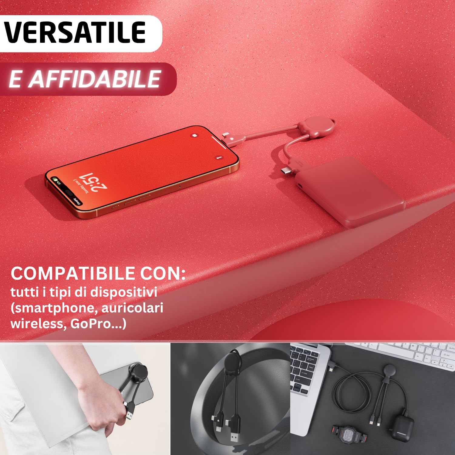 Xoopar OctoMini Cavo Multi USB 4 in 1 Rosso Portachiavi