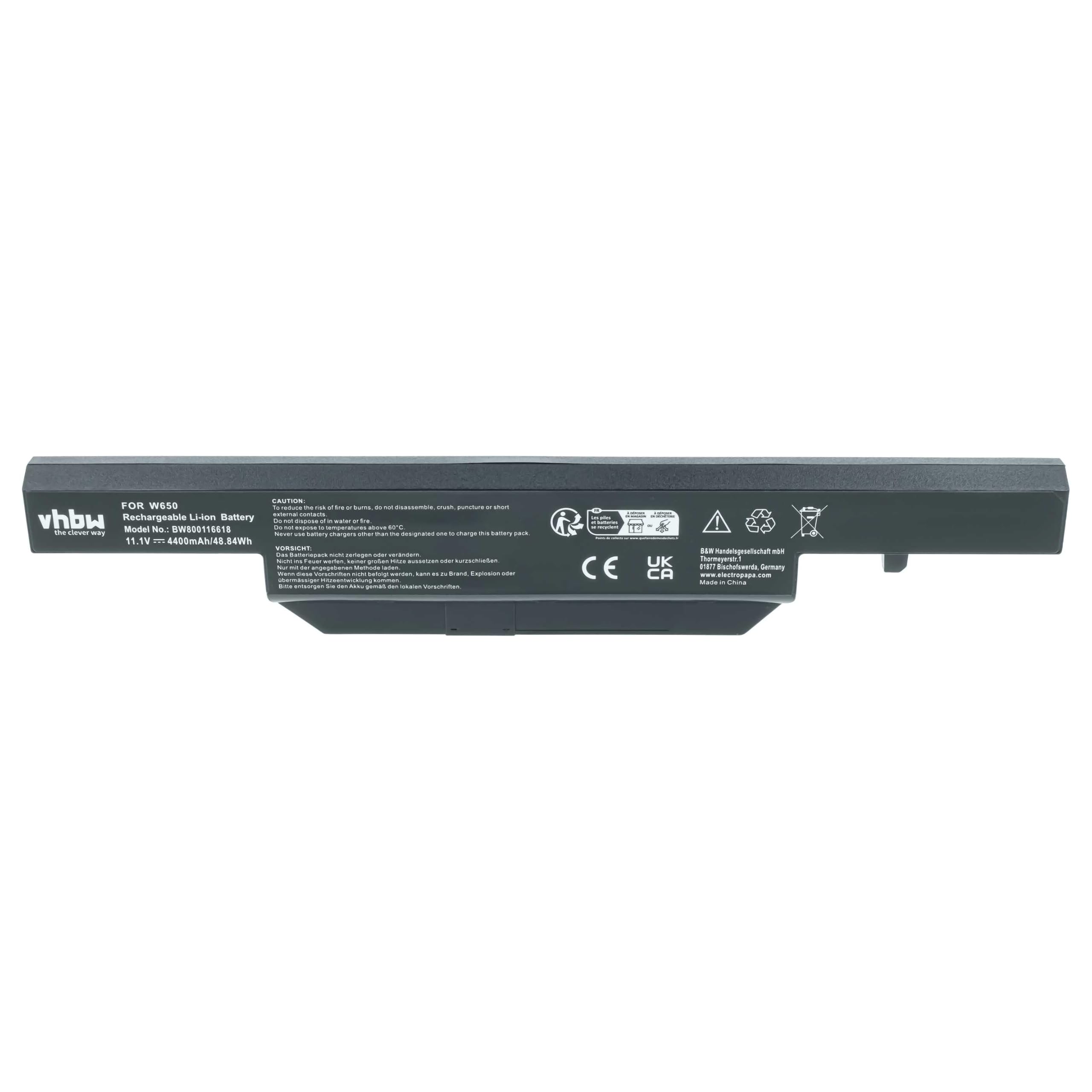 vhbw Batteria Li-Ion 4400mAh 11,1V per Clevo W650 W650BAT-6