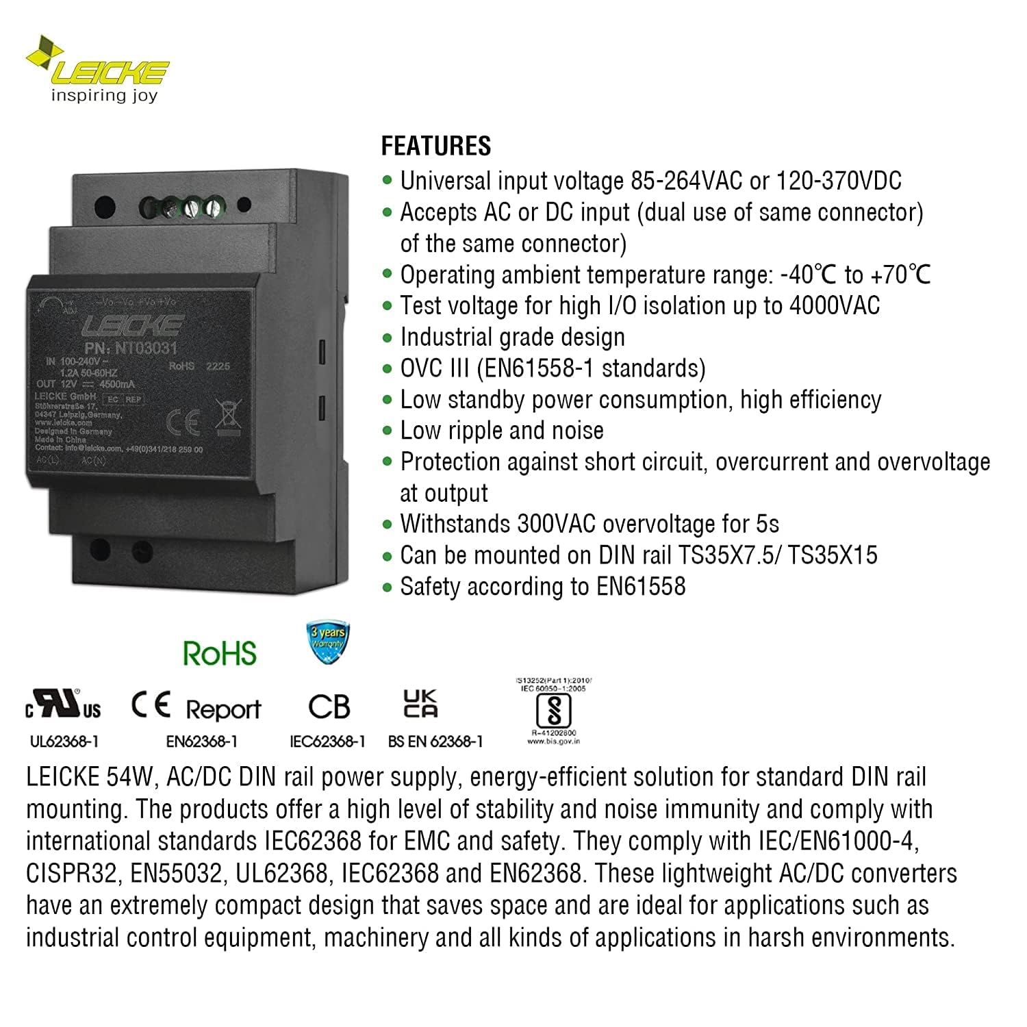 Leicke LI60-20B12PR2 alimentatore guida DIN 12V 4,5A