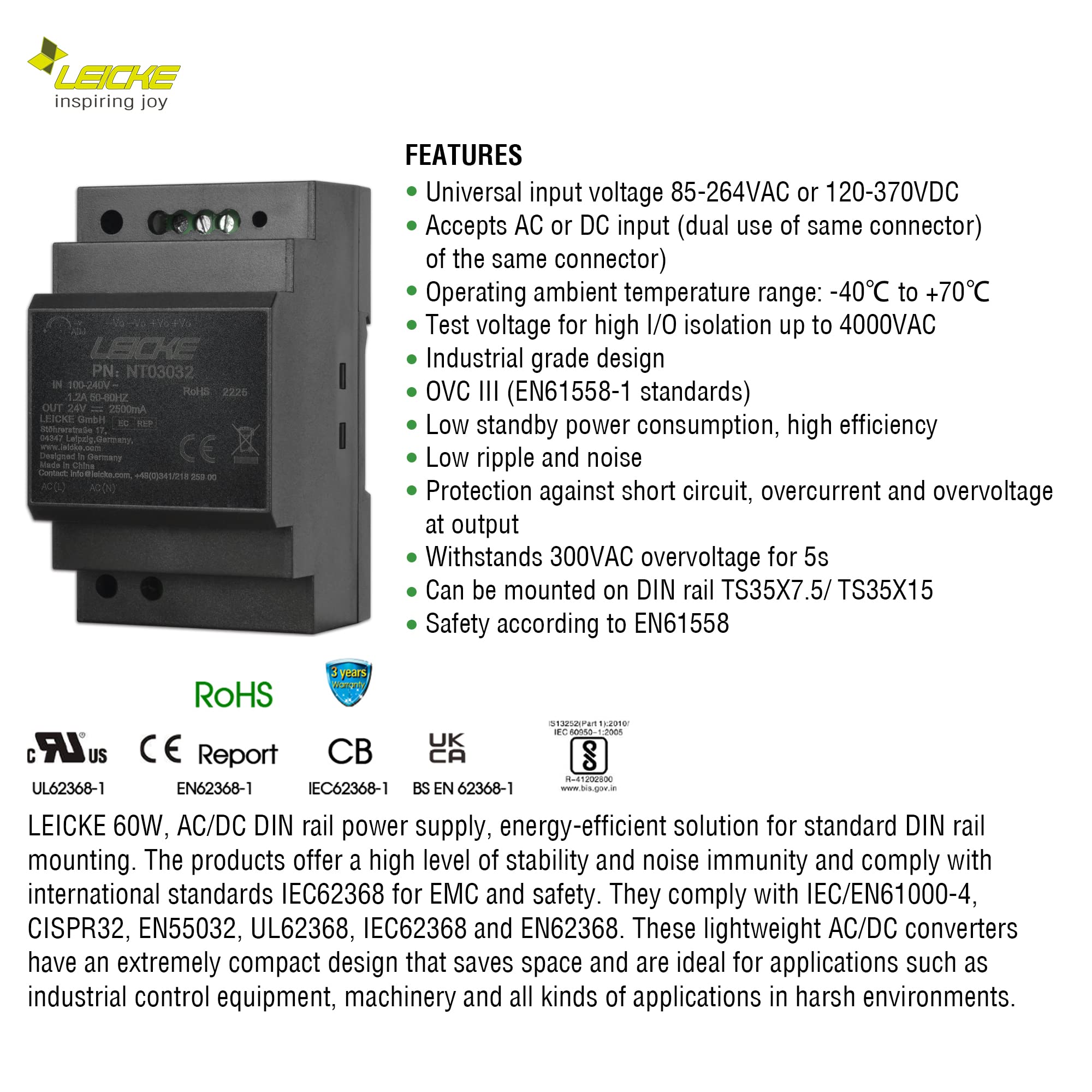 Leicke LI60-20B24PR2 alimentatore guida DIN 24V 60W