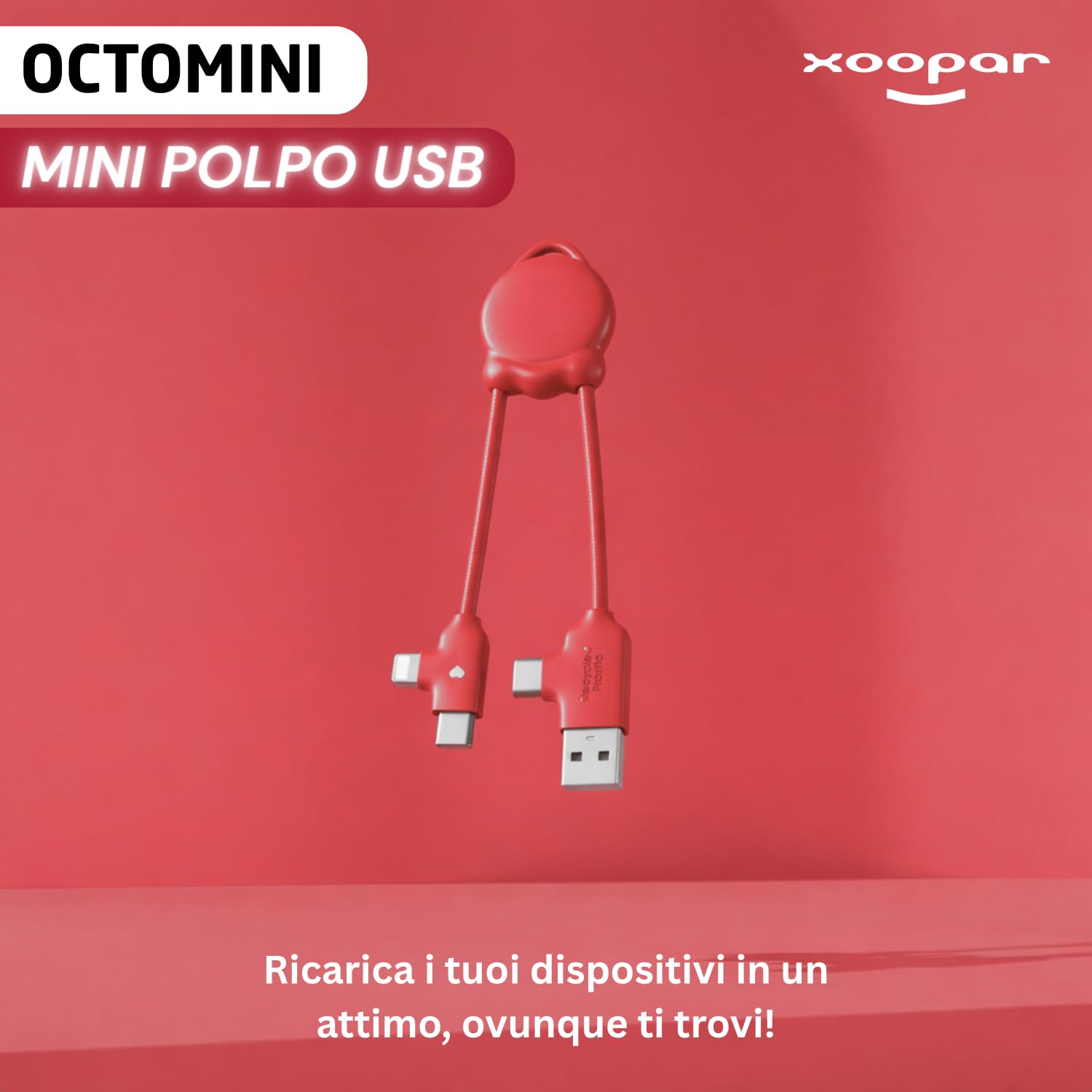 Xoopar OctoMini Cavo Multi USB 4 in 1 Rosso Portachiavi