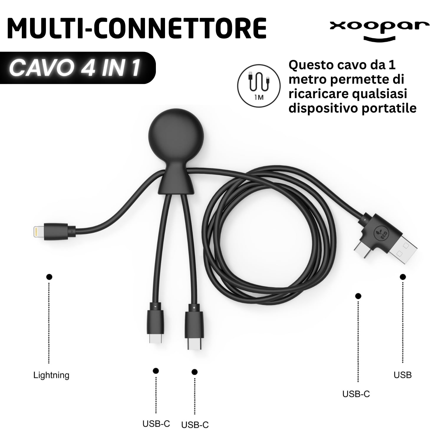 Xoopar Mr Bio Long cavo USB 4 in 1 nero 1m riciclato