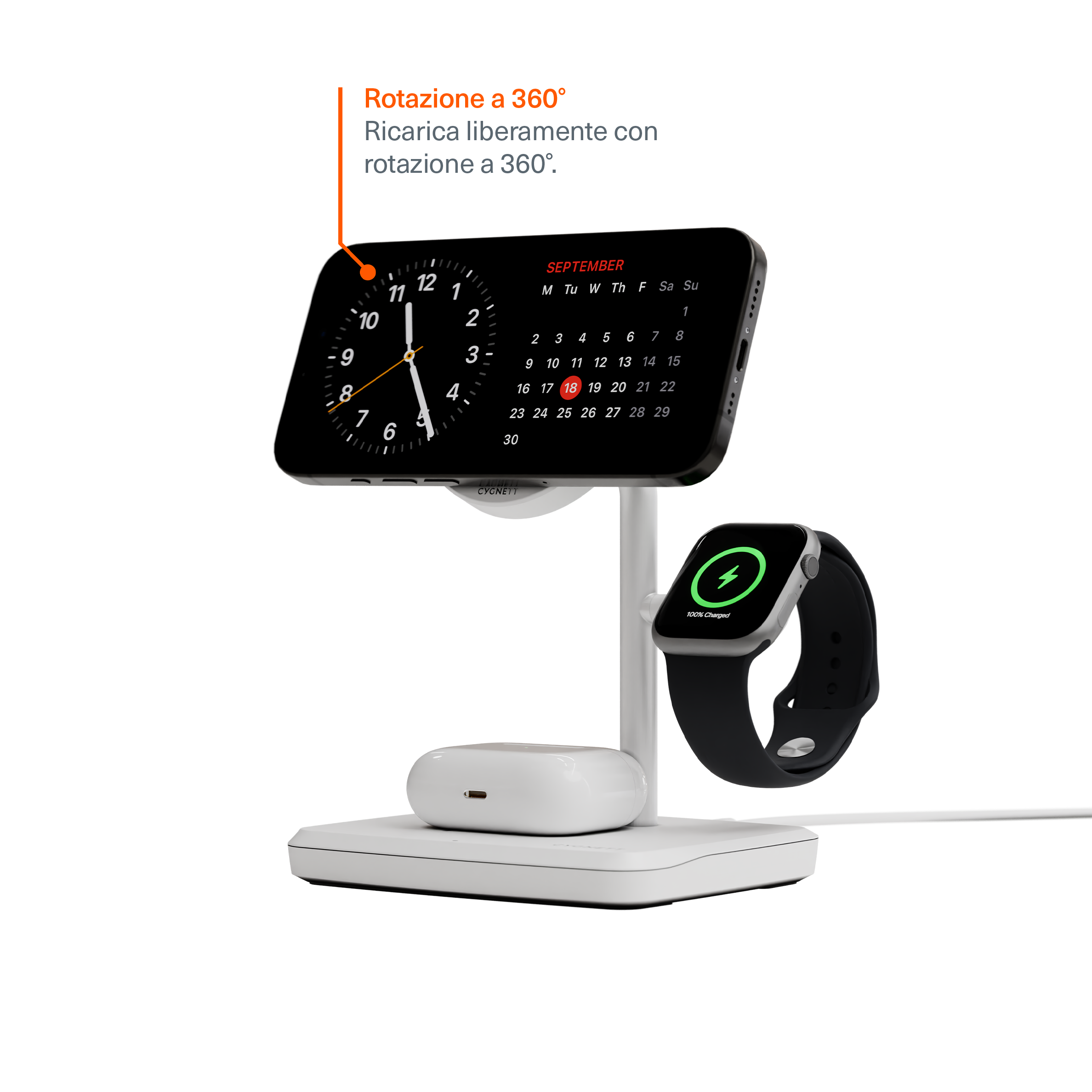 Cygnett ChargeBase Caricabatterie Wireless 3-in-1 15W Bianco