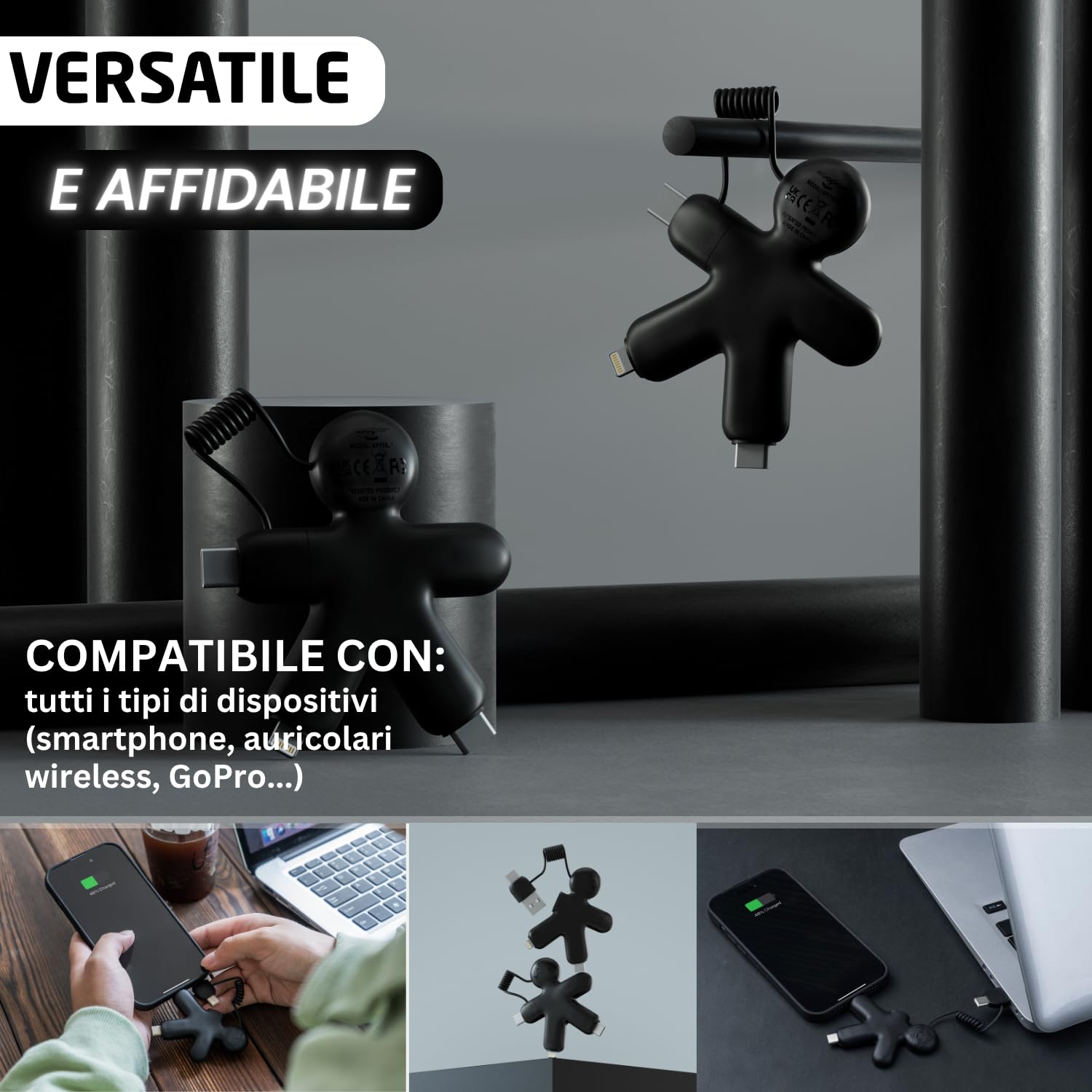Xoopar Buddy Plastica Riciclata cavo USB 4 in 1 Nero
