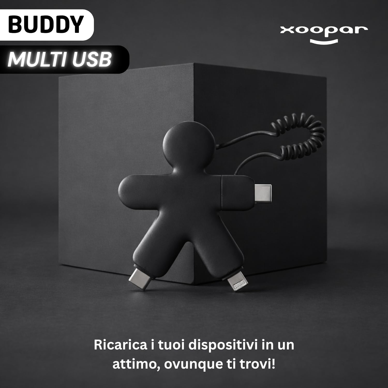 Xoopar Buddy Plastica Riciclata cavo USB 4 in 1 Nero