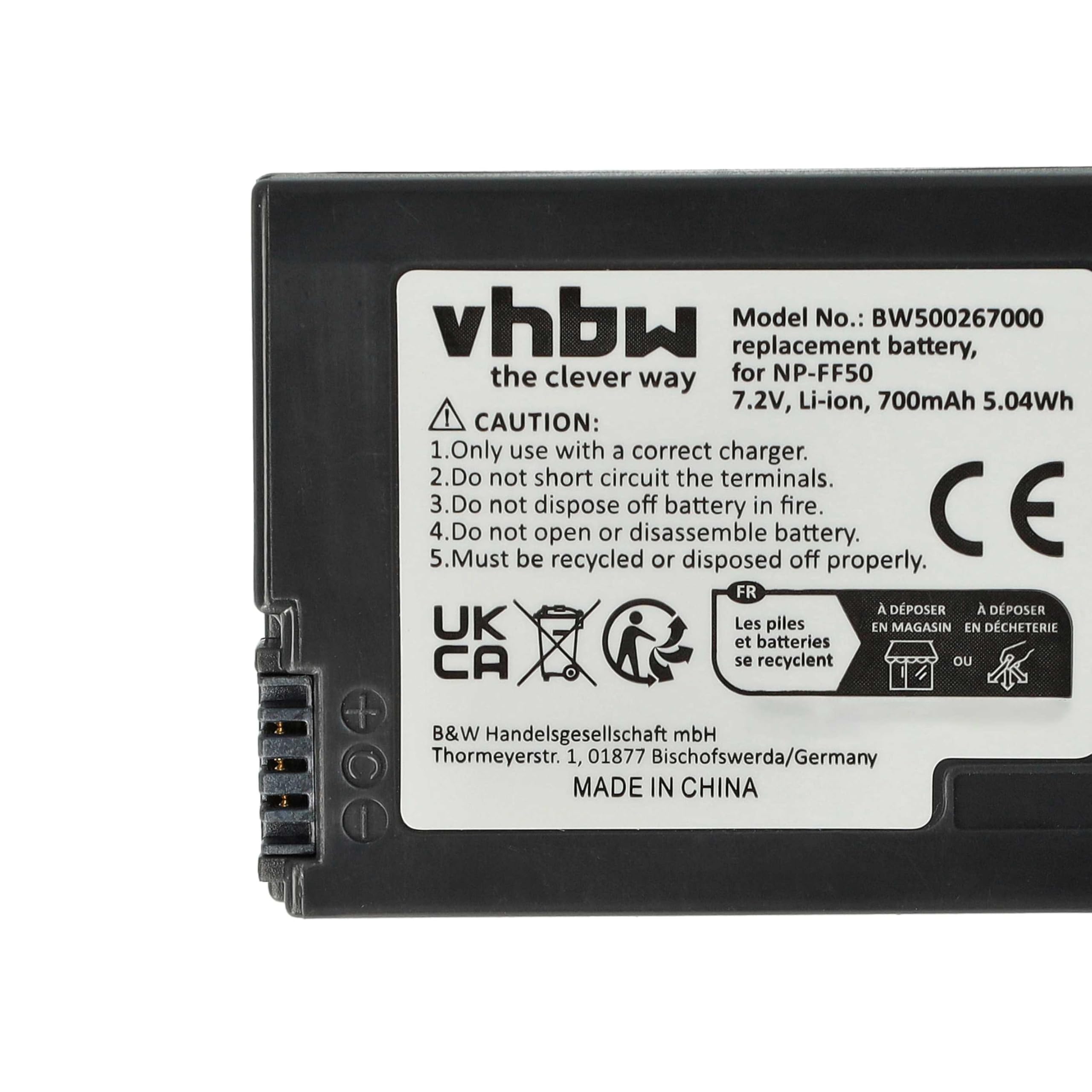 vhbw Batteria NP-FF50 Videocamera Sony 700mAh 7,2V Li-Ion