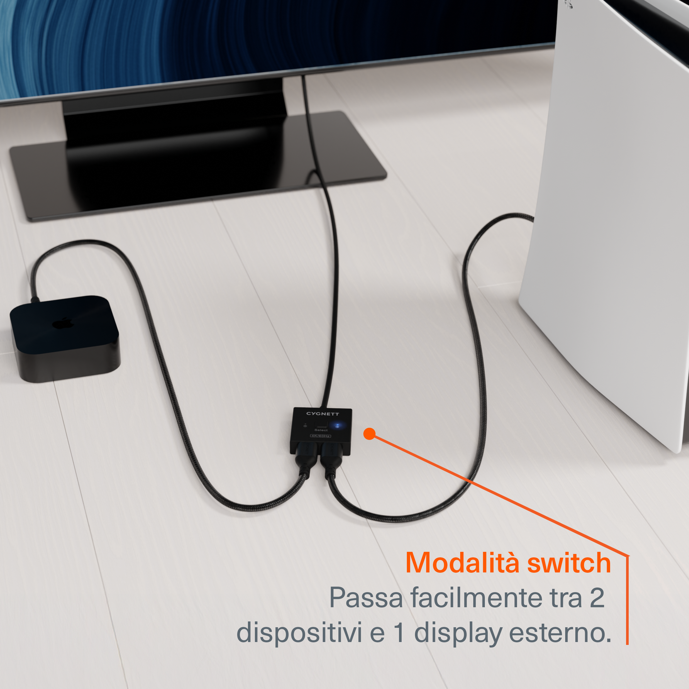Cygnett Switch HDMI 2-in-1 splitter 4K 60Hz cavo 50 cm