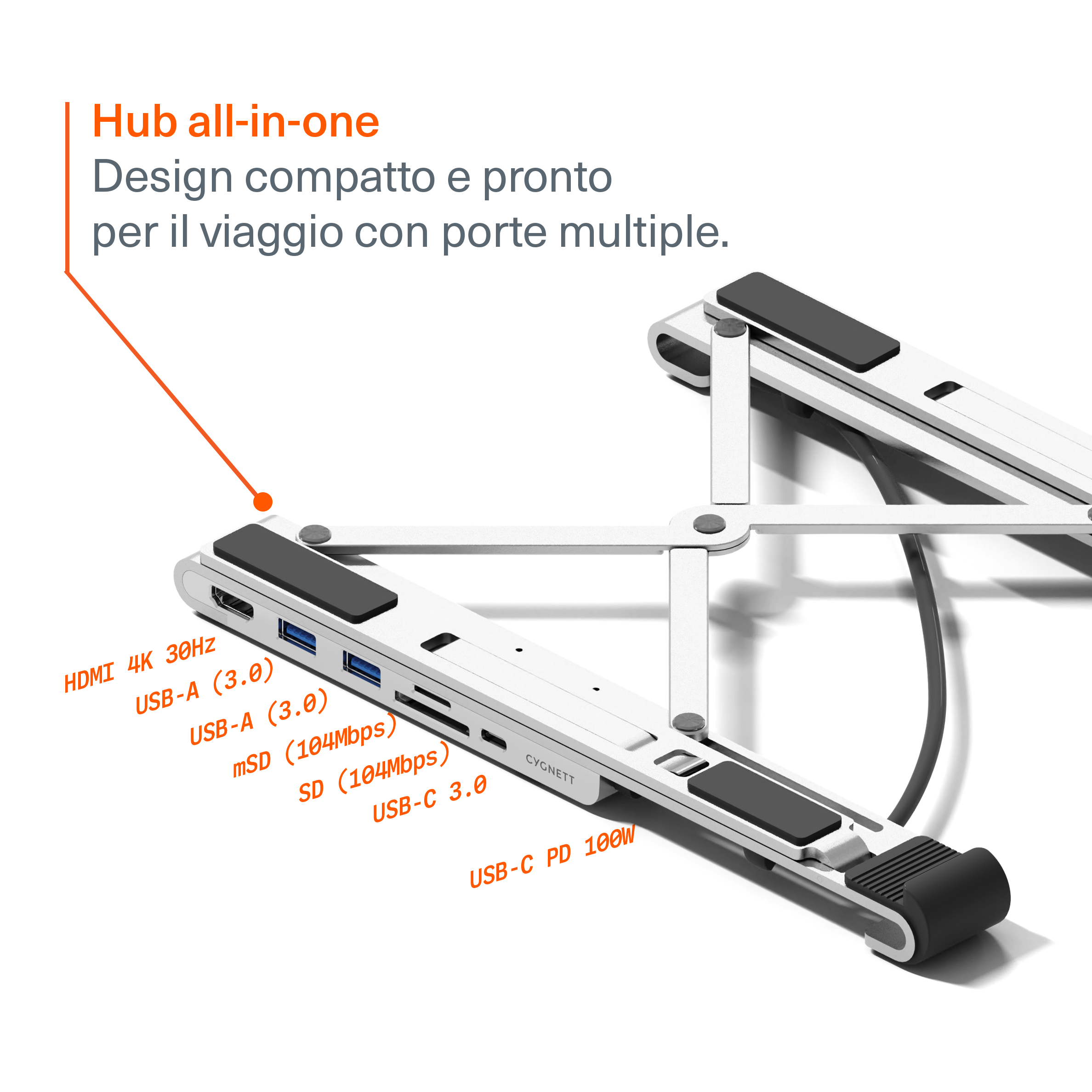 Cygnett Hub USB-C 7-in-1 con Stand Laptop HDMI 4K
