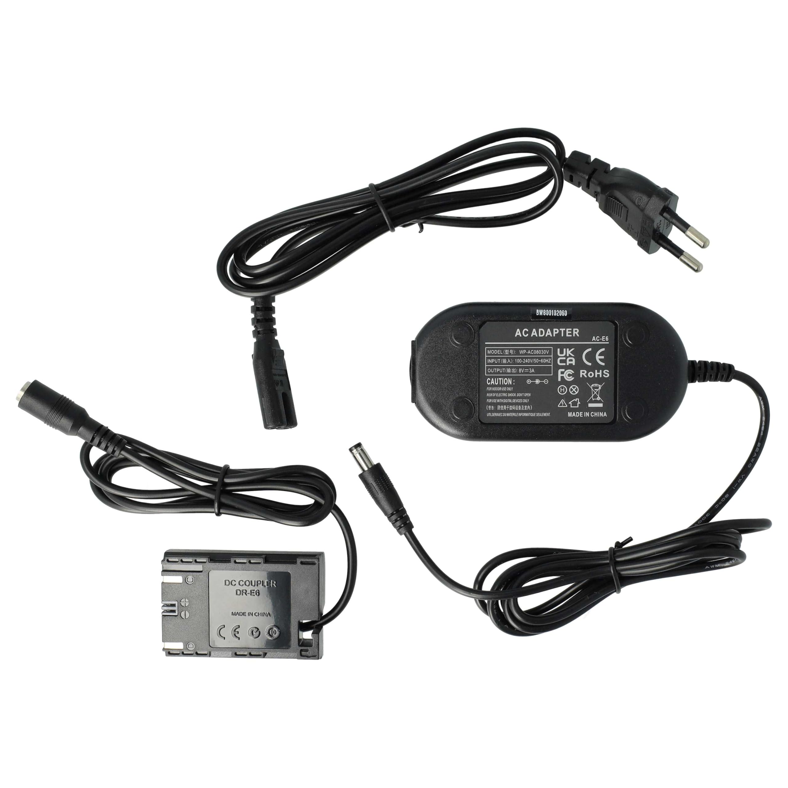 vhbw Alimentatore ACK-E6 + DR-E6 Fotocamera Canon 2m Nero