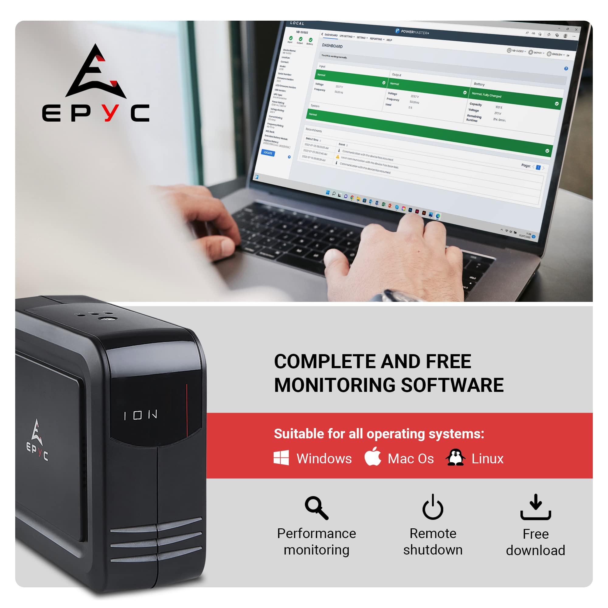 EPYC ION 1000VA/600W UPS 3 prese per PC e console